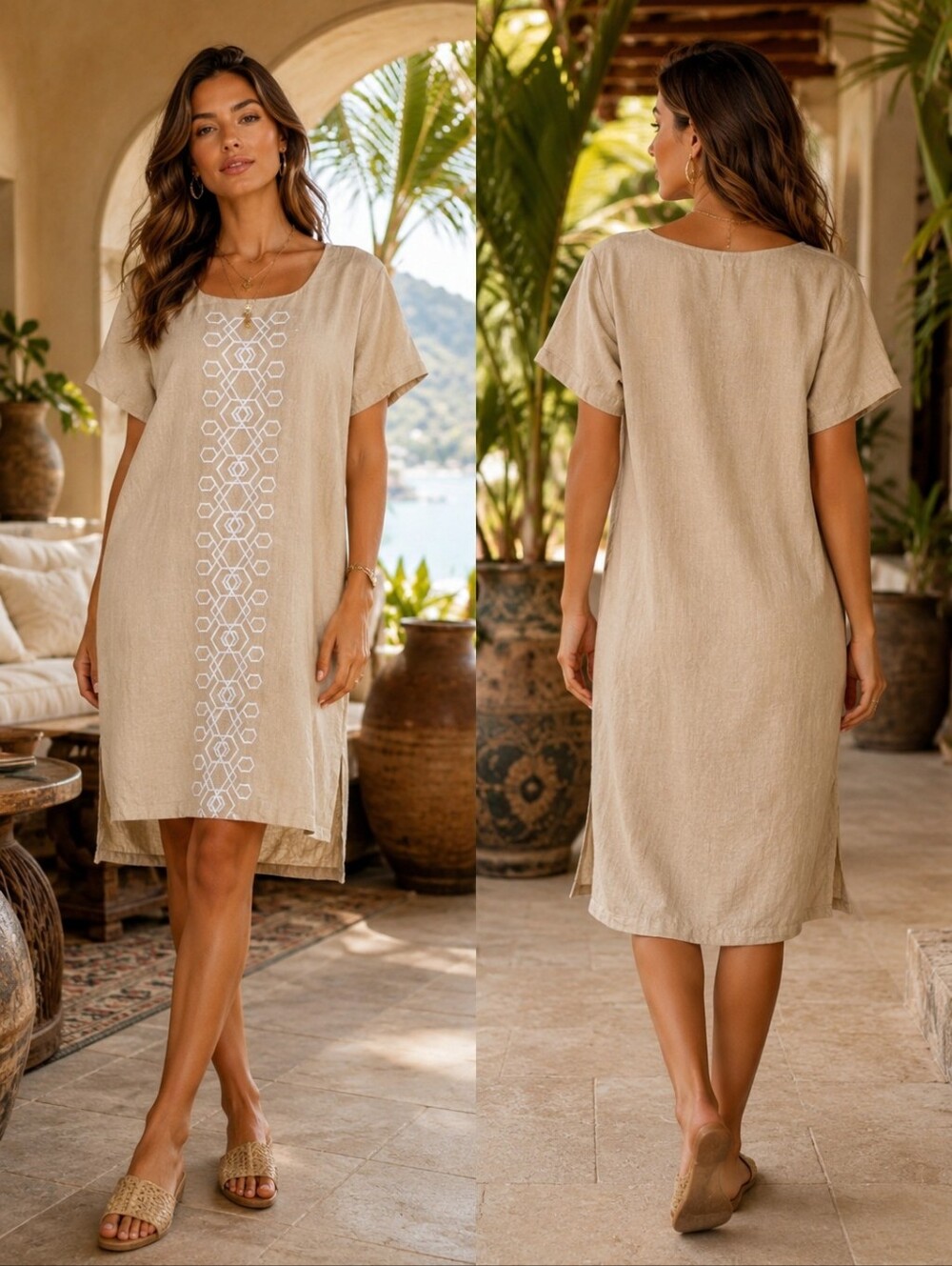WINTERSILKS Shift Dress Women's Large Beige Silk Linen Embroidered Boho Resort